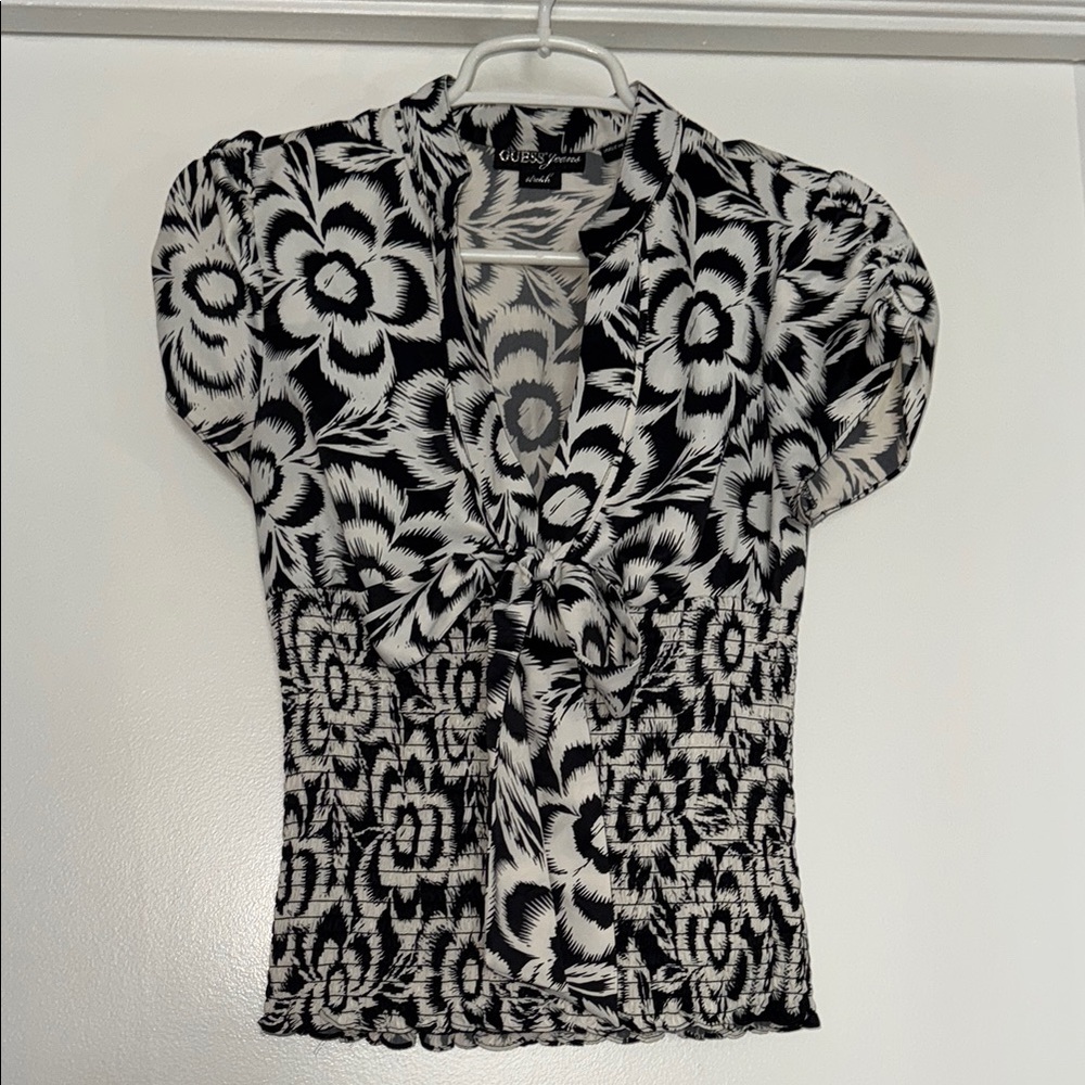 (Vintage) Guess Black and White Smocked Tie-Front Blouse